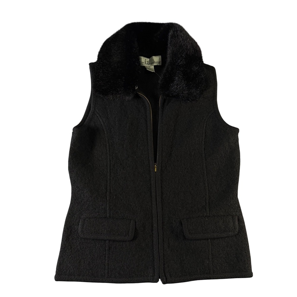 Lisa International Black Boiled Wood Vest Removable Faux Fur Collar Zip Front SM